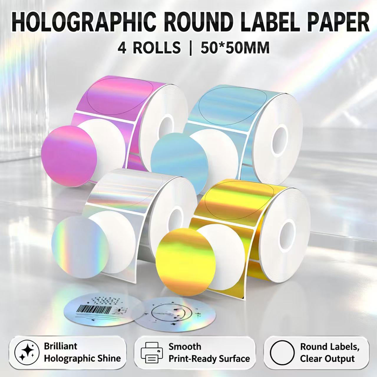 Round Sticker Thermal Labels Colored - 4 لفات من الملصقات الحرارية الهولوغرافية