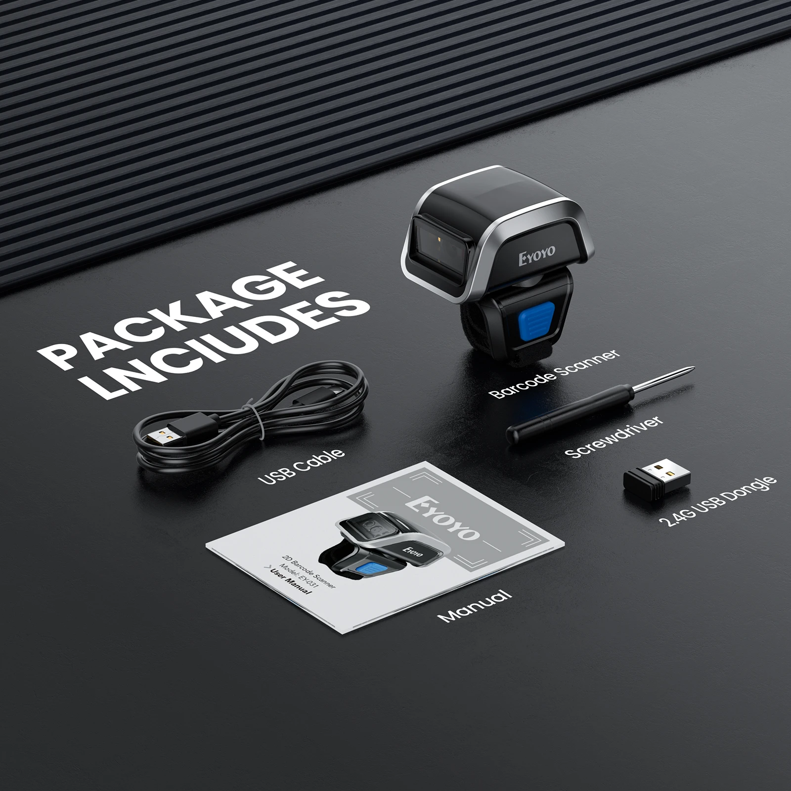 Wireless Barcode Scanner 2D Qr Laser - ماسح الباركود القابل للارتداء من Eyoyo